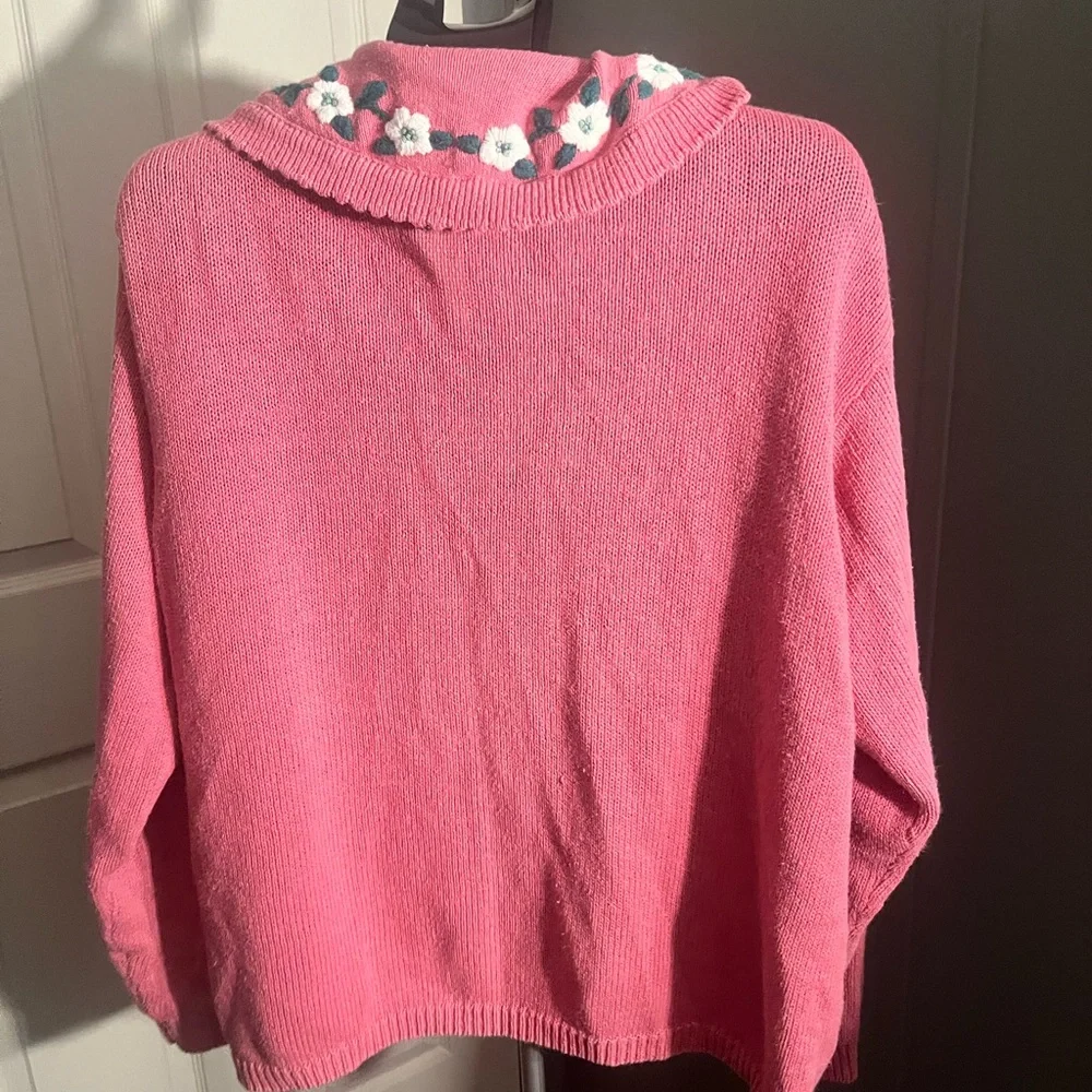 Women's Pink Cowl Neck Sweater with Floral Trim - Picture 1 of 2